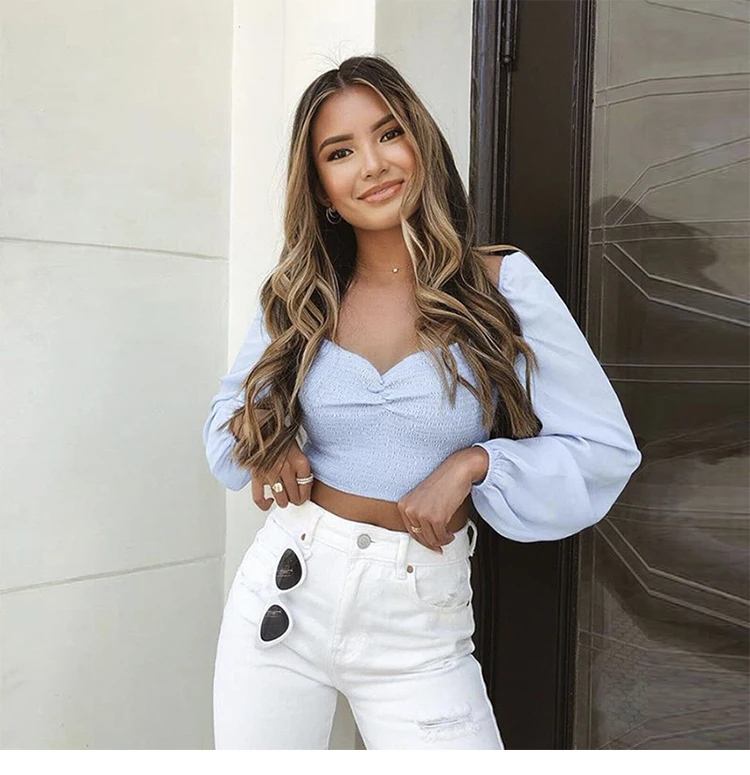 

INS Hot Style Sexy Seersucker Strapless Crop Top Blouse Long Puff Sleeve