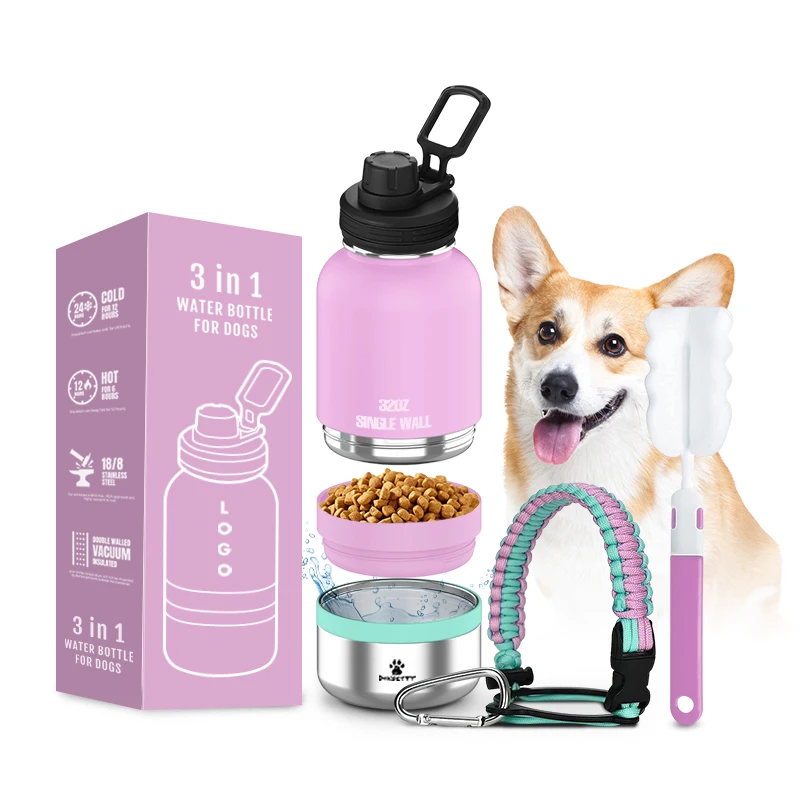 

2023 3 in 1 32oz 64oz Portable Dog Water Bottle Dog Bowls Stainless Steel Insulated outdoor Travel food and drinking feeder