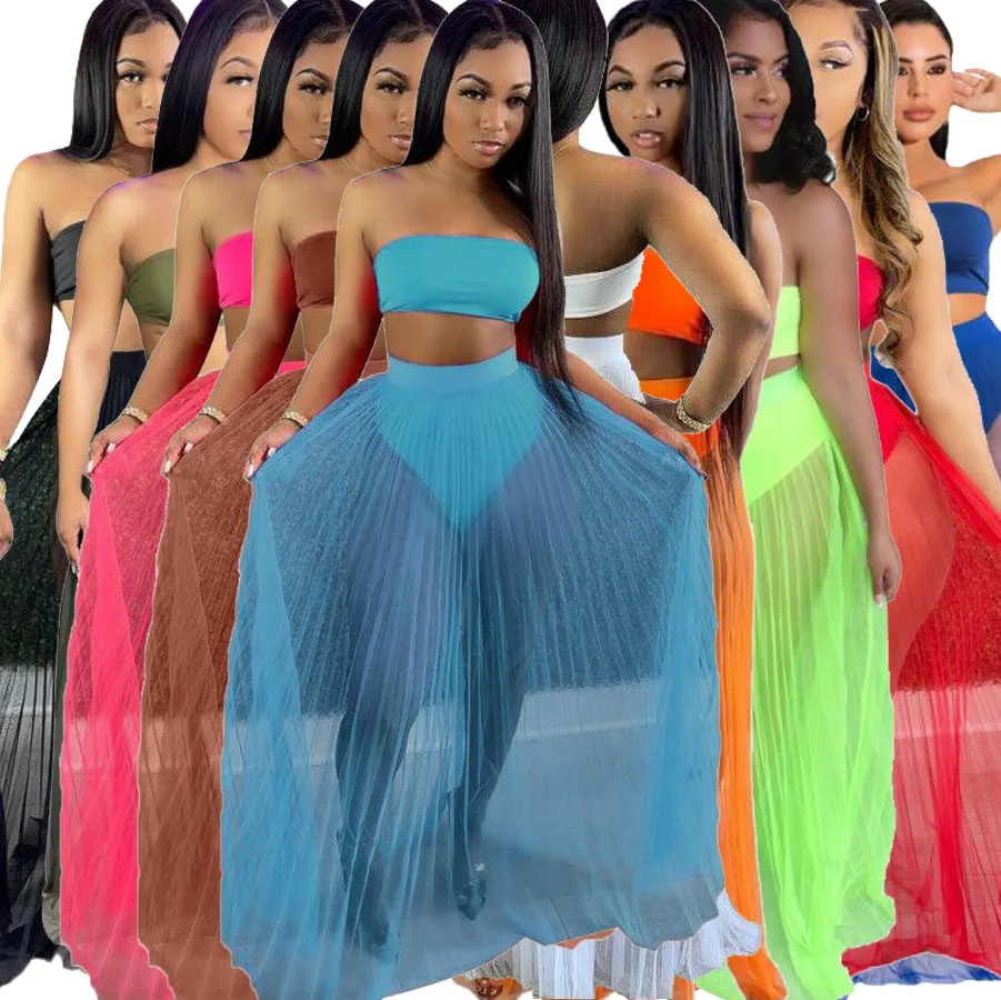 

MD-Summer Two Piece Skirt Set 2022 Casual Maxi Dresses Plus Size Women's Skirt Mesh Sleeveless Crop Top Club Girls' Sexy Dresses