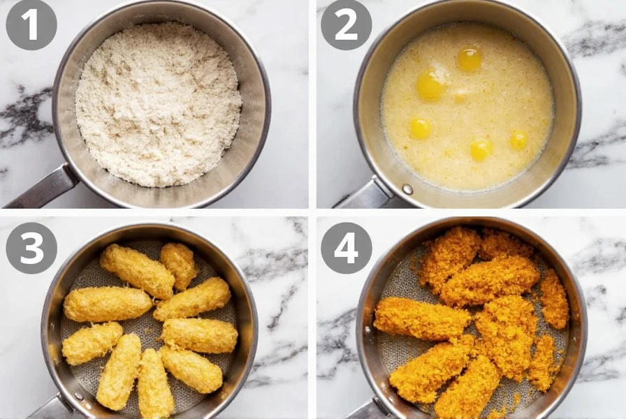 Step-by-step process of breading mozzarella sticks with flour, egg wash, and panko breadcrumbs before frying