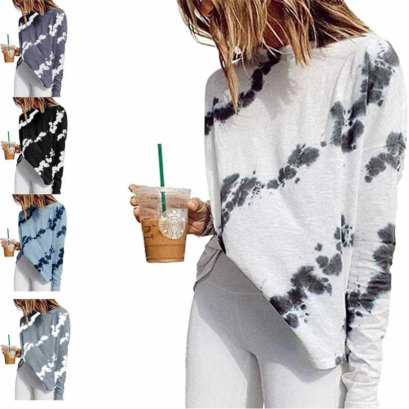 

Women Long Sleeve O-Neck Tie dye T Shirt Casual Loose Plus Size Female Top Tee Autumn 2020 Cotton Color Print tshirt Clothes