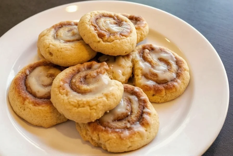 Perfectly baked cinnamon roll cookies with visible swirls, golden brown edges, and soft centers on a white plate