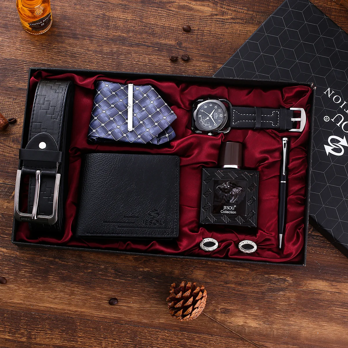 

2022 Drop Shipping 7pcs/set Boutique Gift Set Belt Wallet Tie Perfume Cufflinks Belt Quartz Watch Pen Luxury Business Suit, Picture