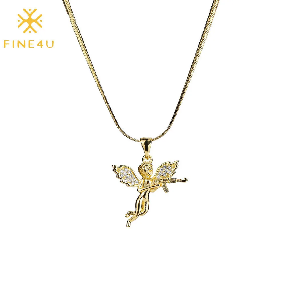 

Gold plated snake chain love Cupid cubic zircon wings pendant angel necklace, Gold/steel