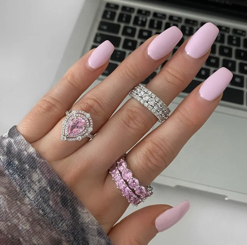 

Fashion ice out bling pink water drop shape zircon women jewelry cz ring, Customized