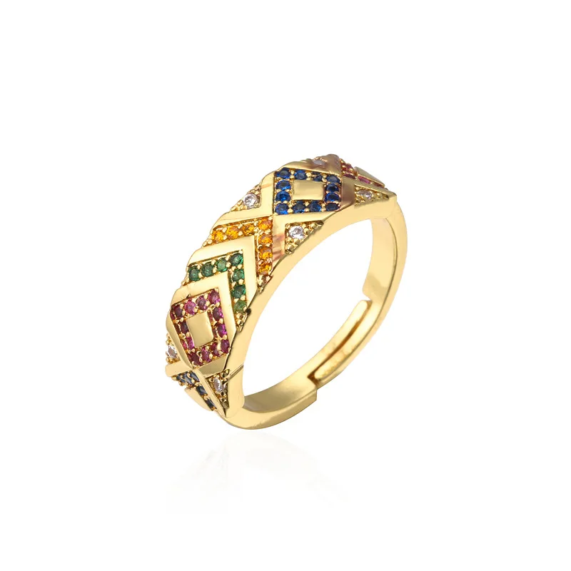 

New Arrival Jewelry Colorful Cubic Zircon Geometric Rings Adjustable 18K Real Gold Plated Wide Rainbow Crystal Rhinestone Rings