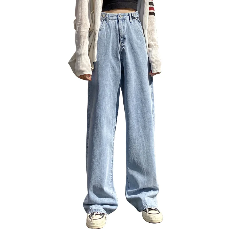 

In-Stock Woman Wide Leg Jeans Blue Streetwear Vintage Quality 2021 Fashion Straight Pants