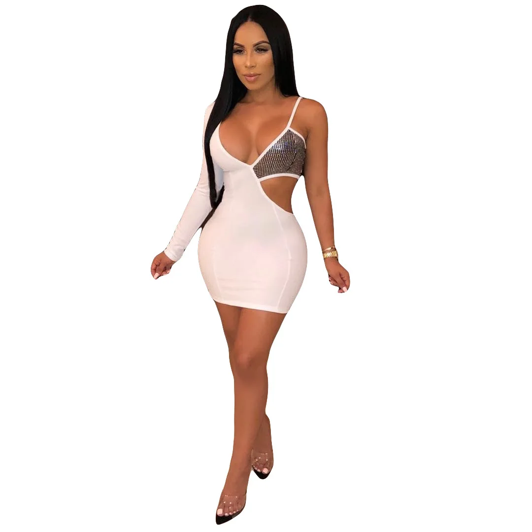 

Women's new style hot sale fashion stitching sequined long sleeve sexy slim dress