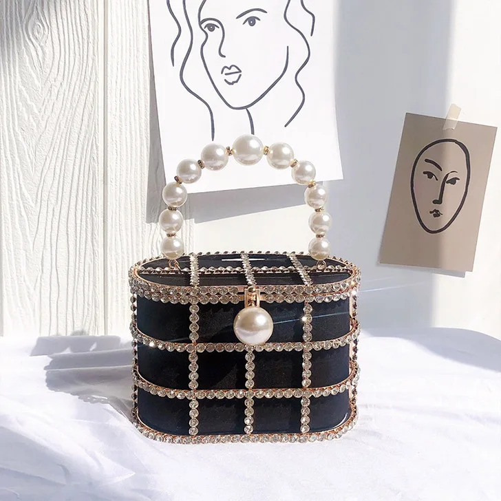 

Diamonds Basket Evening Clutch Bags Women Luxury Hollow Out Beaded Metallic Cage Handbags Ladies Wedding Party Purse