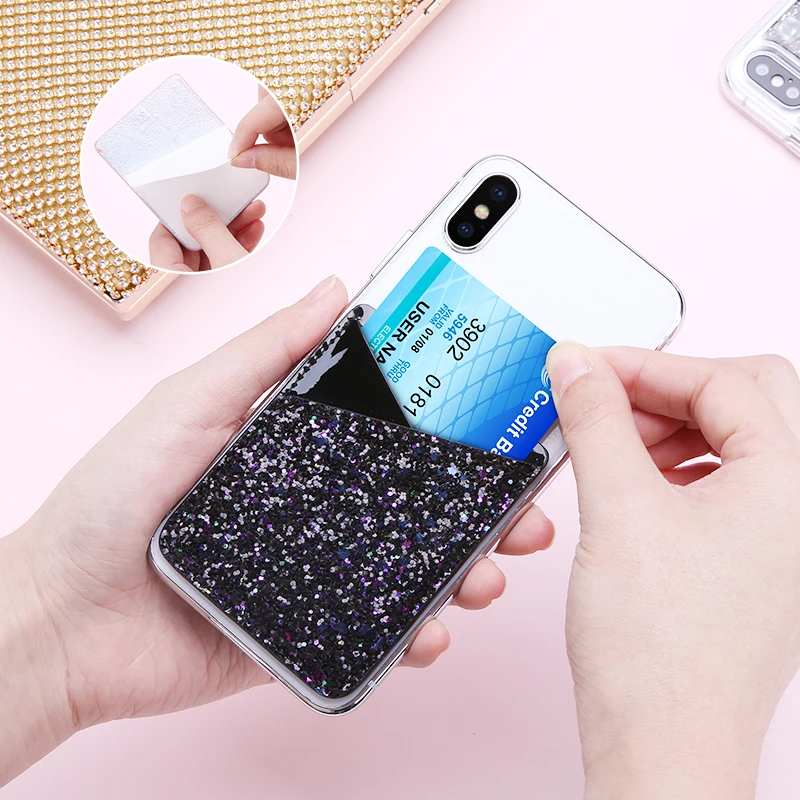 

Free Shipping 1 Sample OK Bling Glitter Pu Leather Adhesive Cell Phone Case Back Cover Wallet Pocket Credit Card Holder Sticker