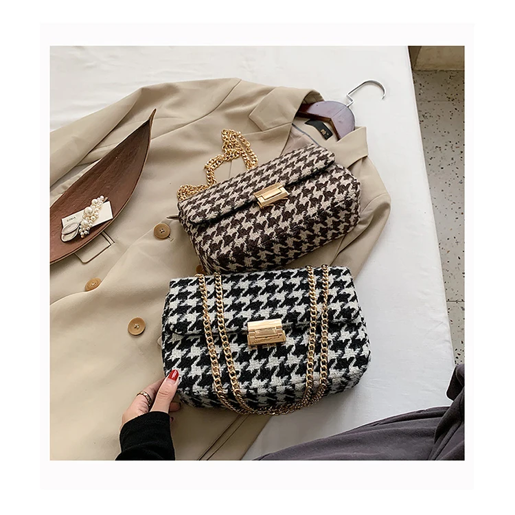 

France Style Luxury Winter Houndstooth Bags New Tweed Women Hand Bags Chain Underarm Shoulder Bag Ladies Soft Purse and handbags
