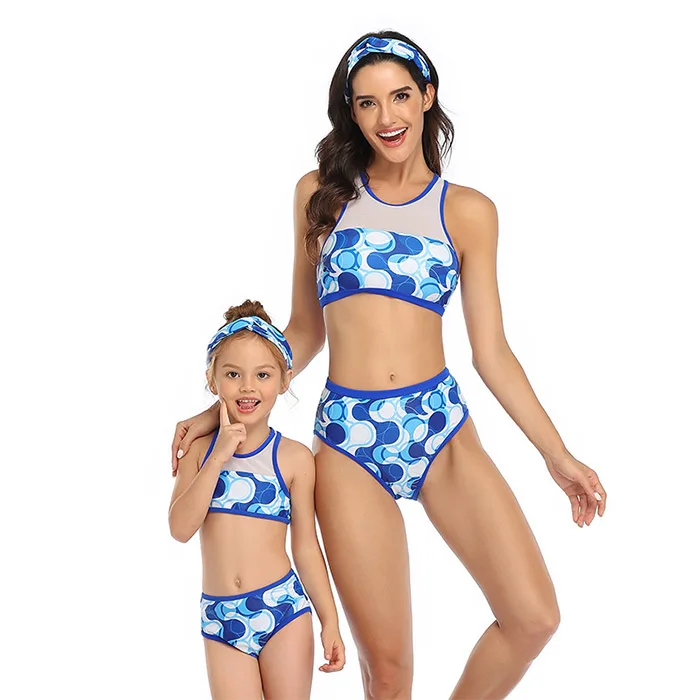 

2021 New Arrival Amazon Two Piece Patchwork Mesh Zipper Top Set Mommy And Me Beachwear Matching Family Mom And Daughter Swimwear