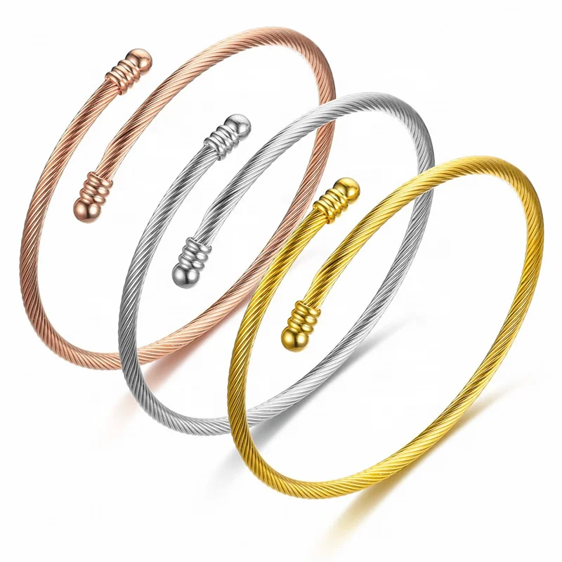 

Simple Jewelry Women Mens Adjustable Tarnish Free Stainless Steel Twist Cable Wire Rope Open Cuff Bracelets Bangles Wholesale