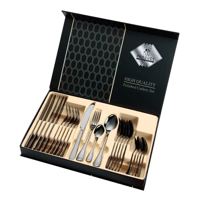 

Low MOQ SS304 Amazon 24Pcs Spoon Gold Cutlery Metal Cutlaries Spoon And Fork Gold Flatware Set, Silvery/black/golden/rose gold/magic color