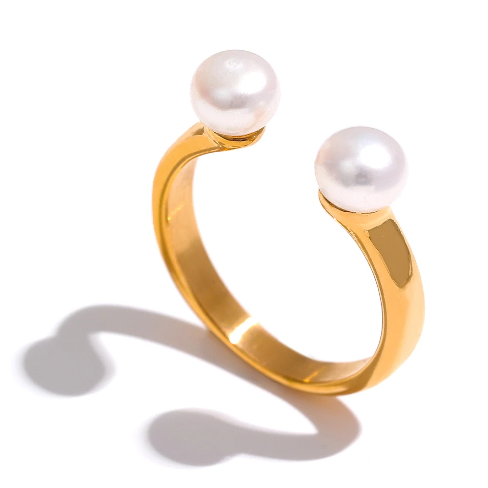 

JINYOU 053 Stainless Steel Minimalist Natural Pearl Open Chic Ring Gold 18K PVD Plated Fashion Finger Women Korean Jewelry