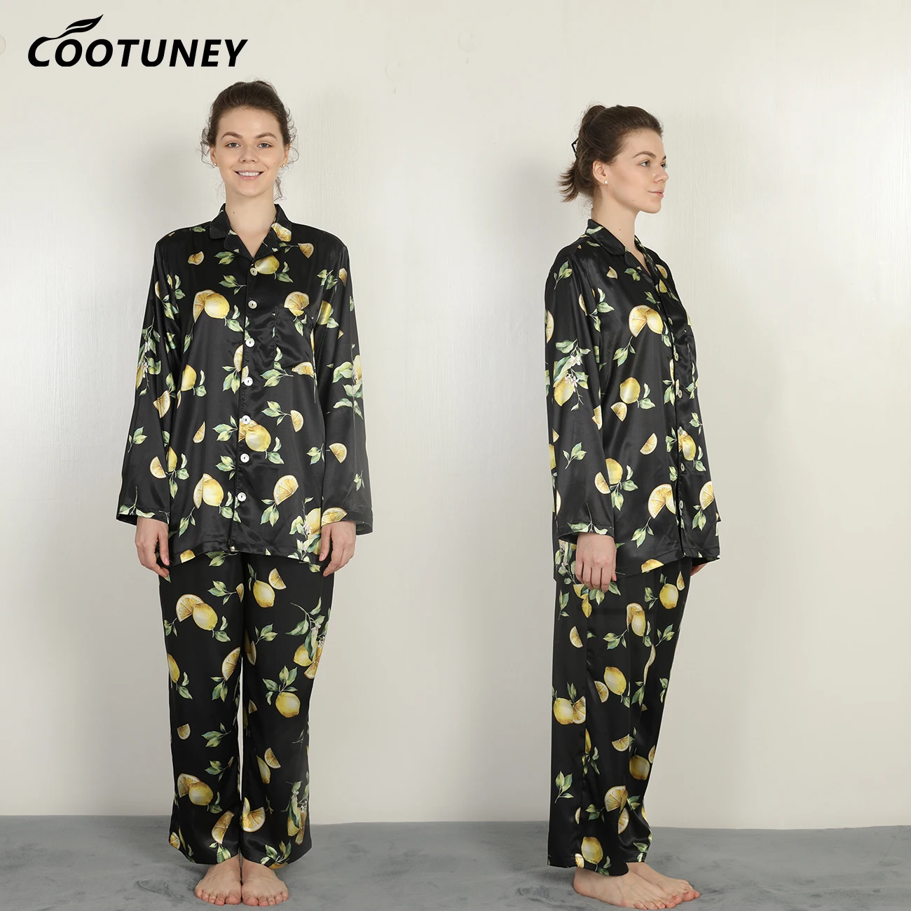 

OEM Long Sleeve Women Printed Fresh Lemon Sleepwear Two Piece Satin Pajama Set