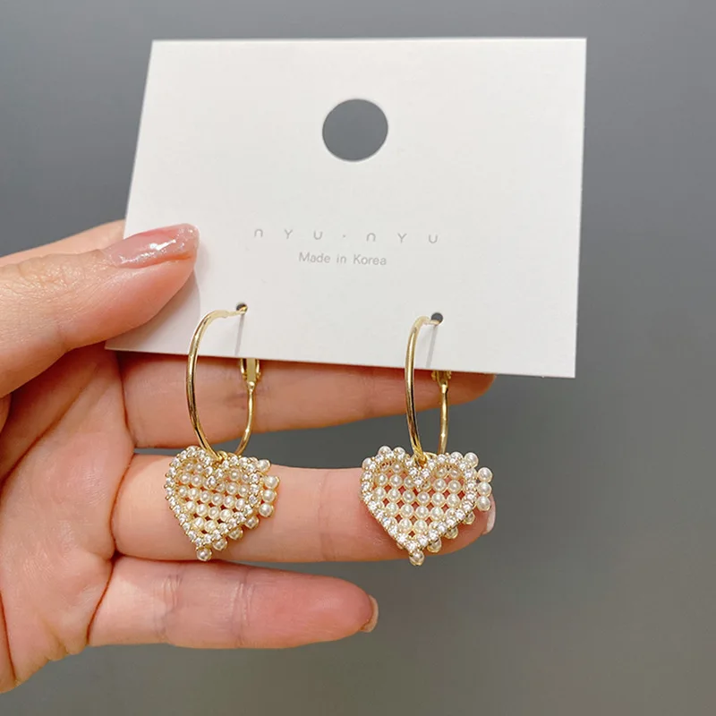 

fashion trendy jewelry pearl heart hoop earrings drop