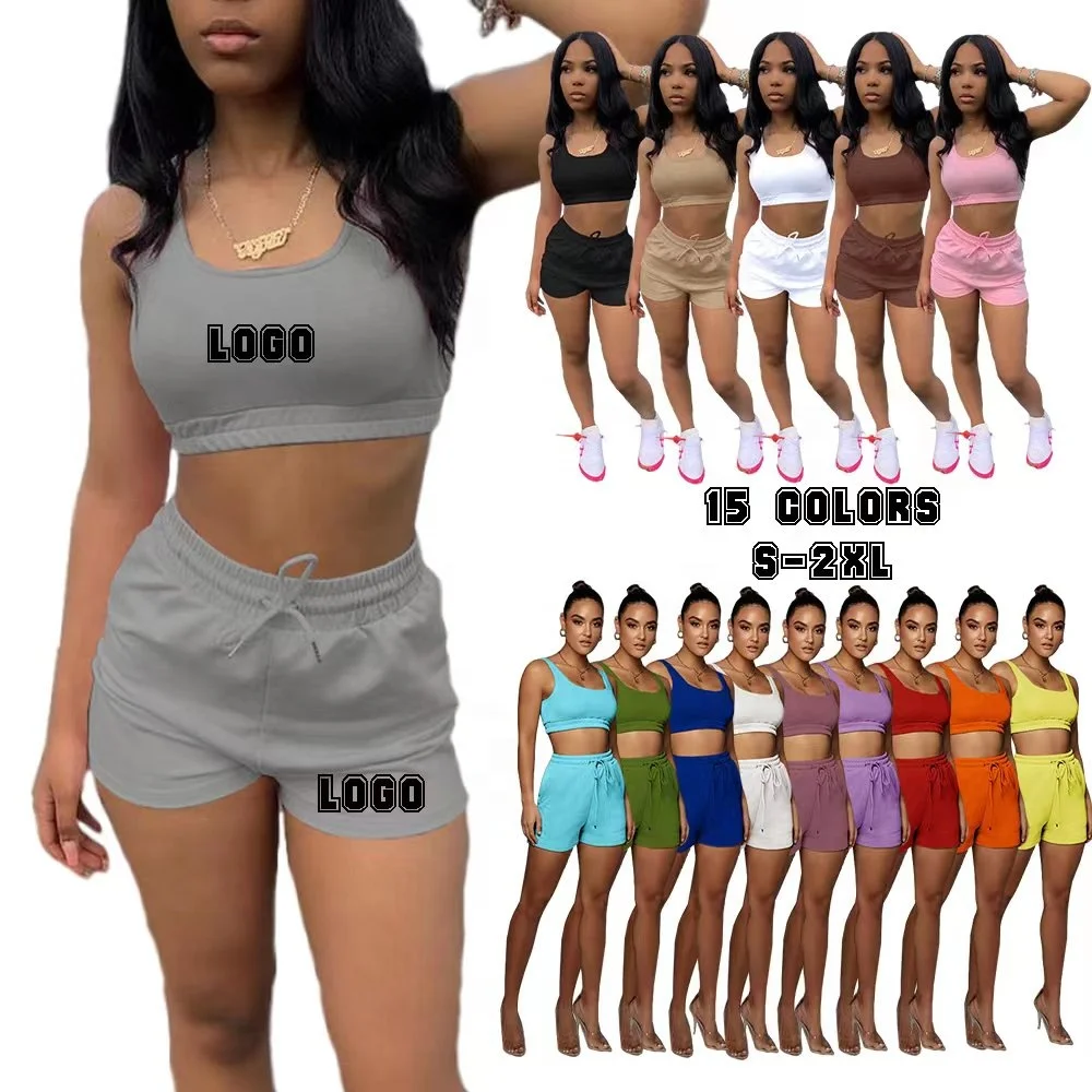 

2022 Summer Outfit Solid Custom Crop Tank Top Fashion 2 Piece Shorts Women Set Blank Cotton Jogger Sweat Two Piece Shorts Set
