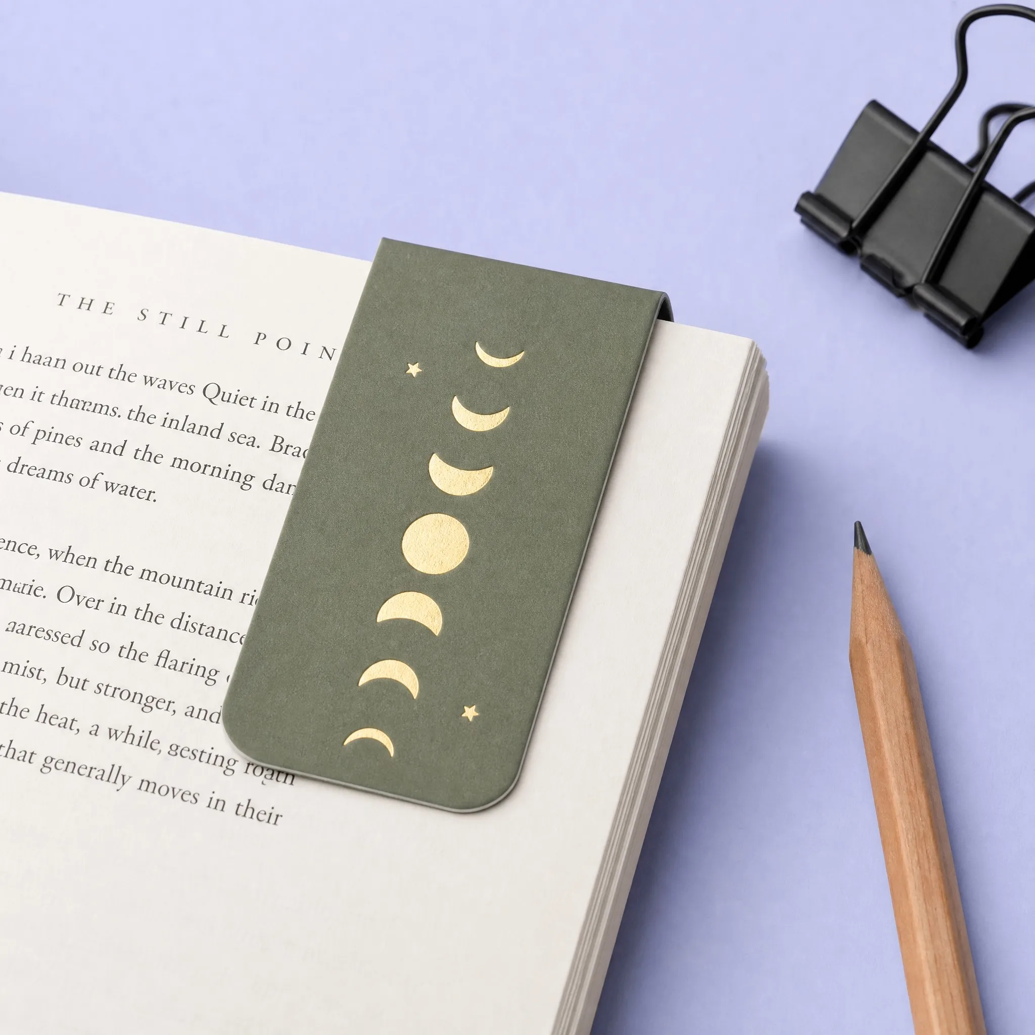Custom Sage Green Magnetic Leather Bookmark with Metallic Gold Foil Moon Phases