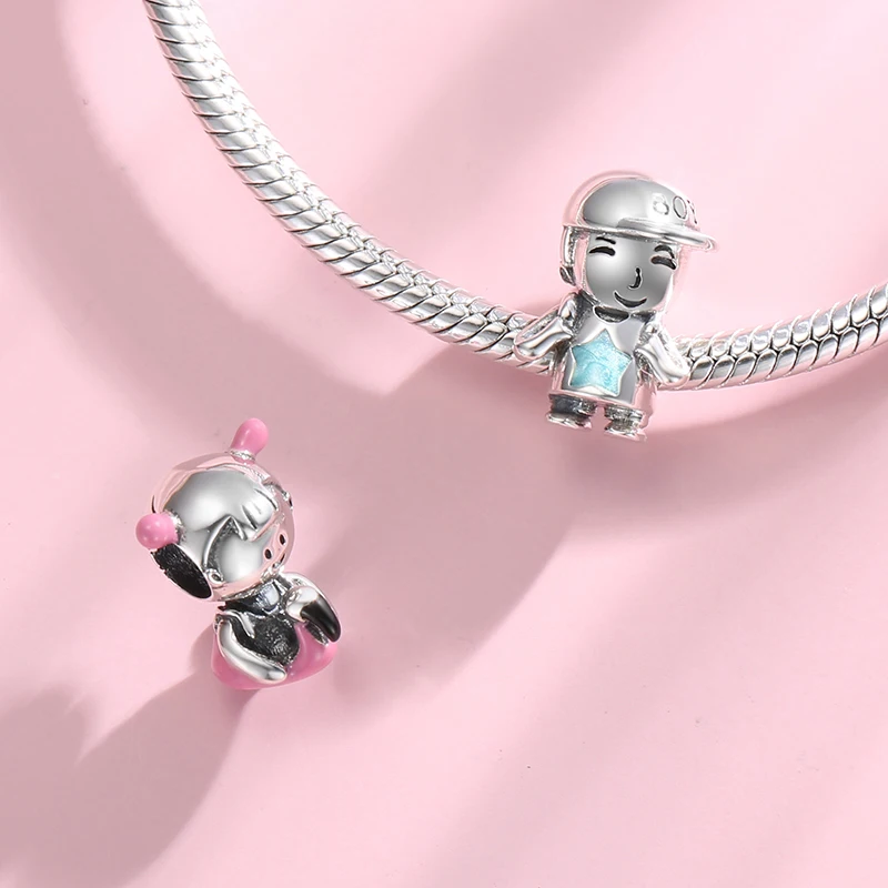 

Real 925 sterling silver Swimming diving series Cute Little Girl & Boy Colorful Enamel Charm Beads DIY for Bracelets Making