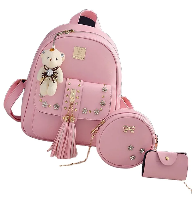 

Korean Style 3 Sets Travel Backpack PU Leather Women School Backpack Bag