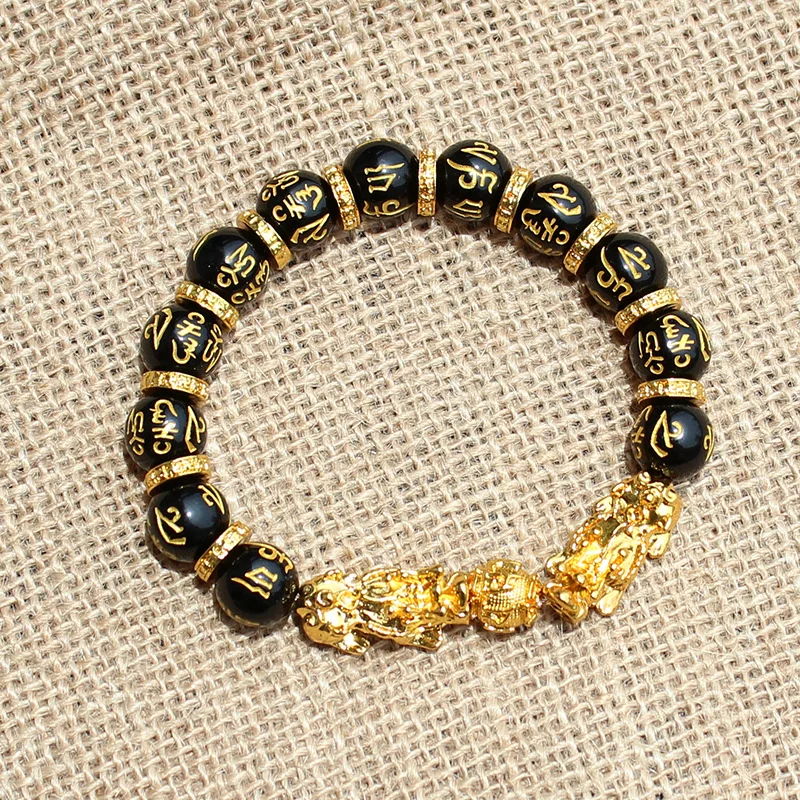 

Handmade Pixiu Wealth Bracelets For Women Men Charm Buddha Alloy Bracelet Good Luck Jewelry Feng Shui Obsidian Beads Bracelet, Gold, silver
