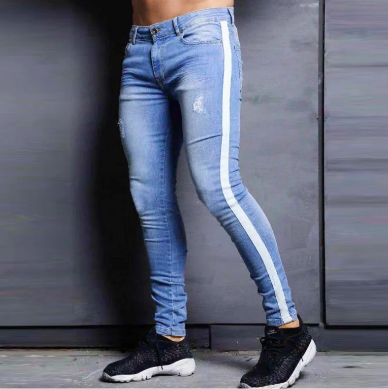 

Side stripe jeans men fashion ripped skinny stripe denim jeans for men