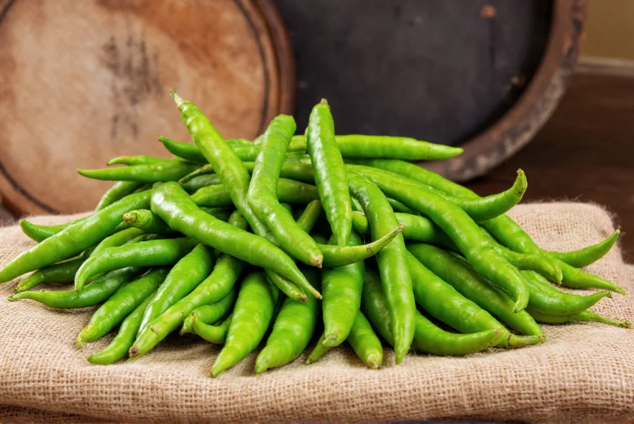 Freshly harvested Hatch green chile peppers arranged on burlap sack with traditional roasting barrel in background