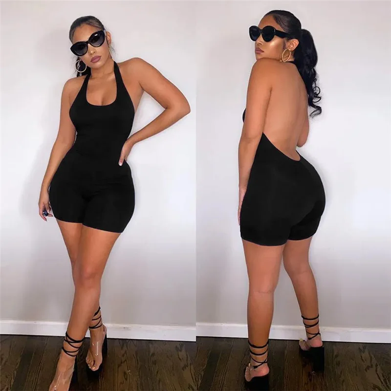 

Solid Sleeveless Stretchy Sexy Bodycon Ladies Neck Mounted Backless Playsuits Women One Piece Casual Rompers Short Slim Jumpsuit