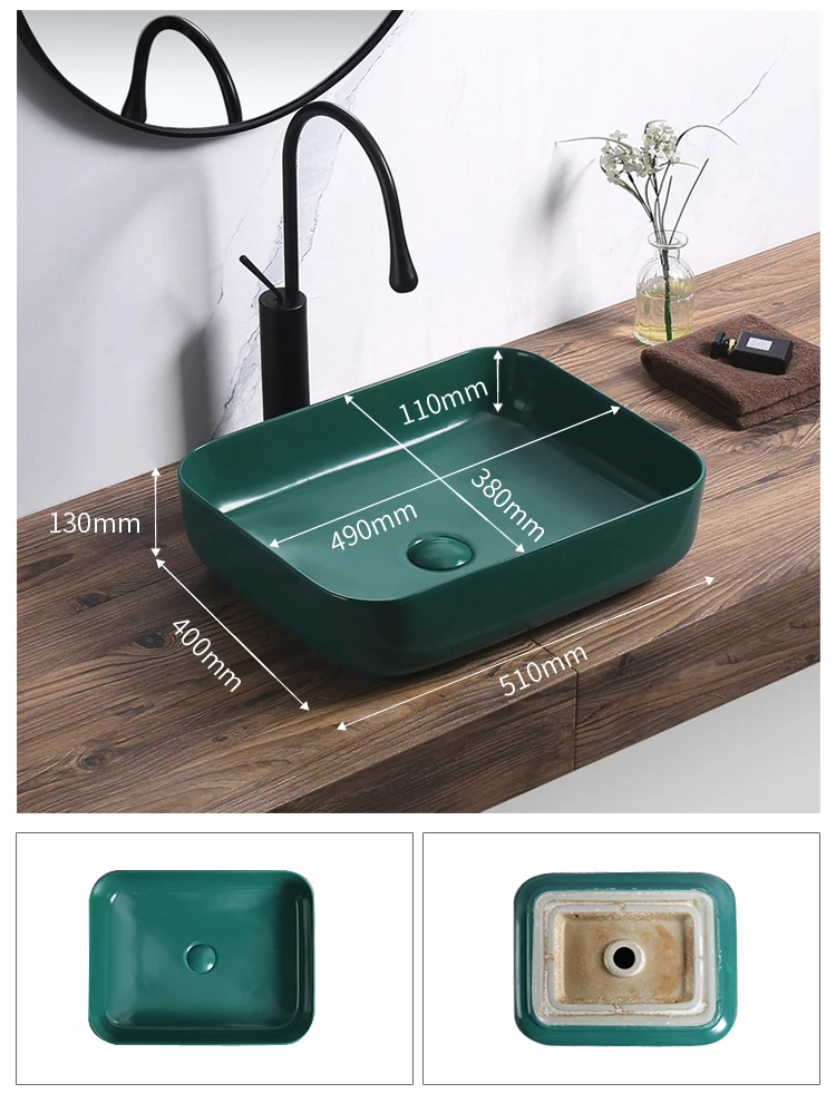 Morden style ceramic square countertop art basin green color rectangular shape hand washbasin bathroom sink details