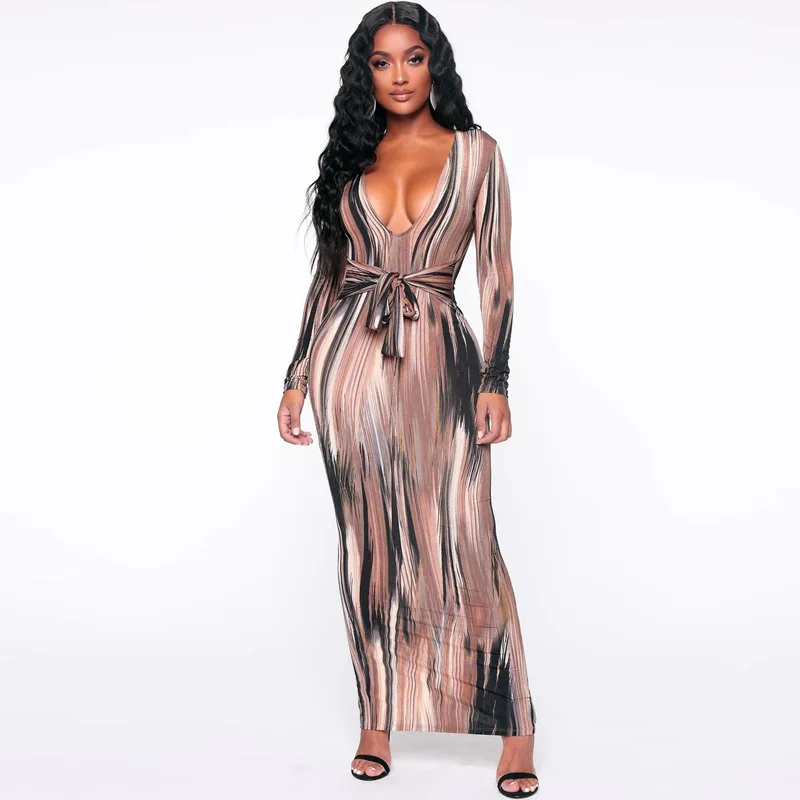 

High Quality Autumn New Print Long-sleeved V-neck Dress Sexy Dresses