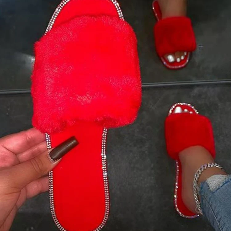 

MD-2022012302 Wearing flat bottom beach outside to drag a large size of the new square head rhinestone hair slippers woman, Apricot ,red,black,light blue