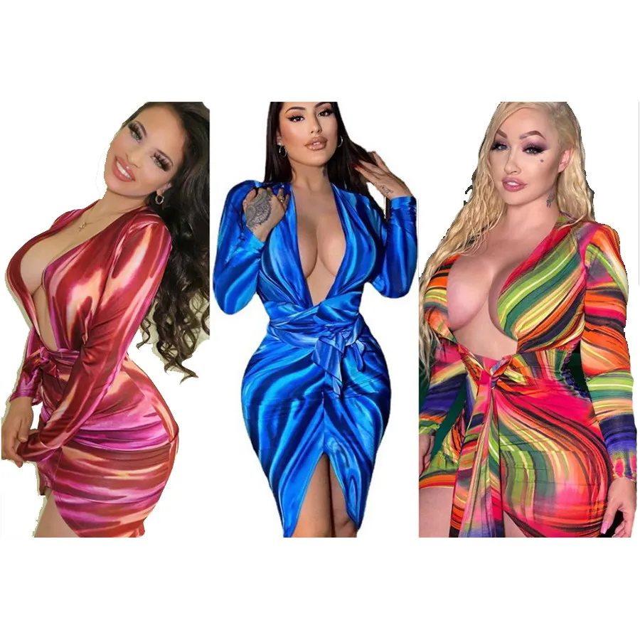 

Foma BL0023 ladies fashion stripe print deep v neck long sleeve dresses sexy women bodycon dress, 3 colors