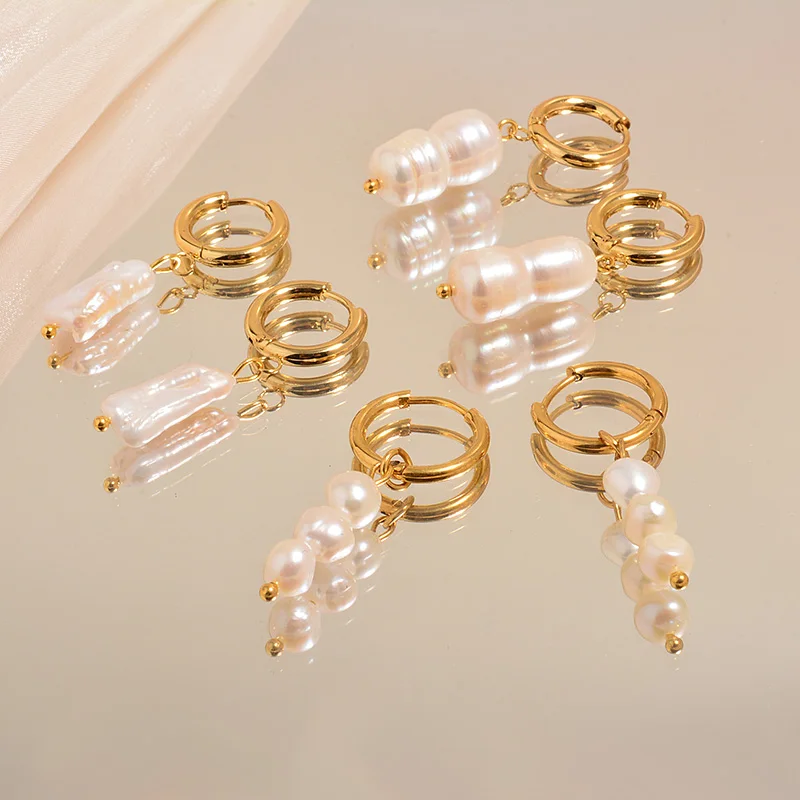 

Stainless Steel Double Crescent Hoop Earrings Baroque South Sea Pearls Vintage Fresh Water Pearl Stud Earrings