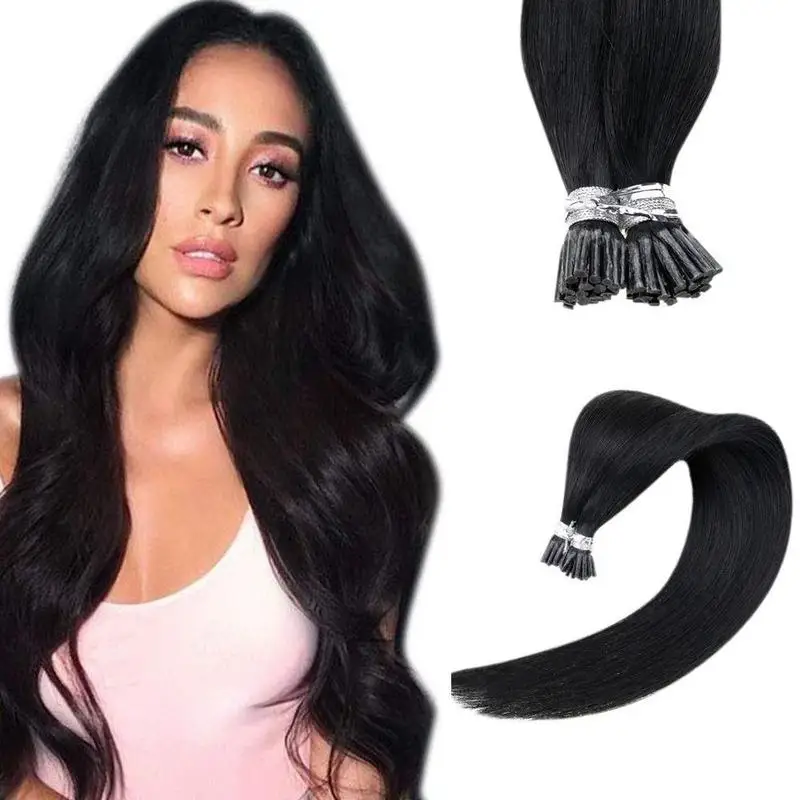 

Full Shine Silky Straight #1B Natural Black Stick Human Hair Extensions I Tip Virgin Hair