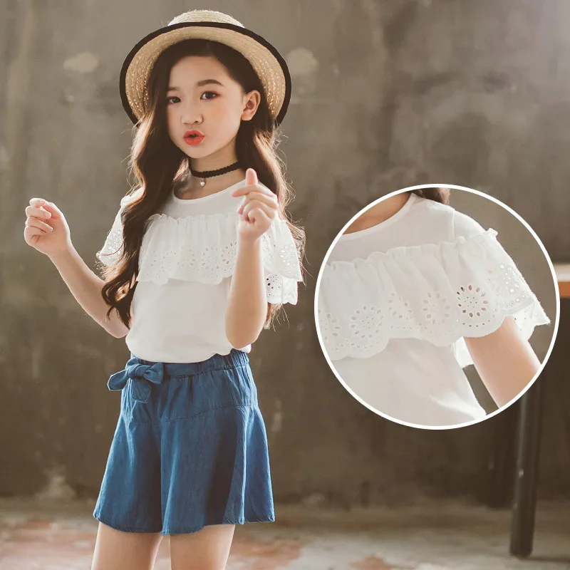 

Girl's Summer Denim Shorts Set Solid Color Children's Summer Sportswear
