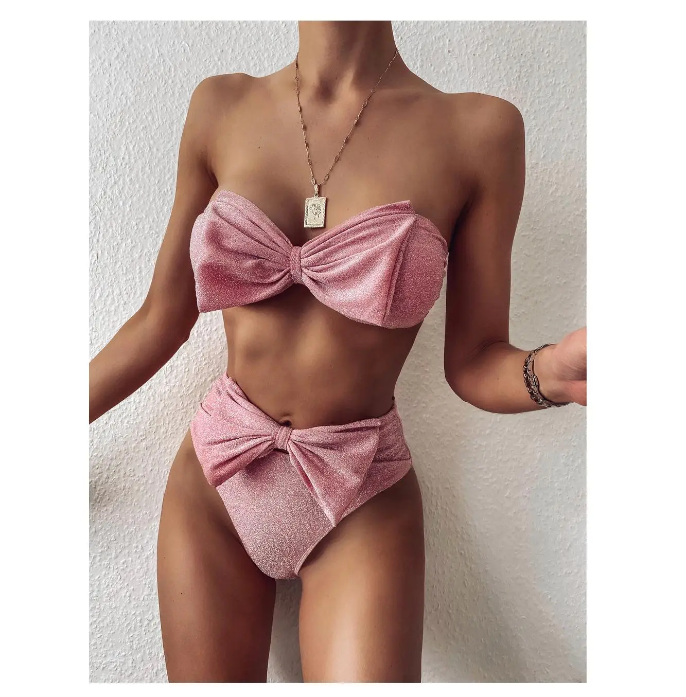 

2020 sexy high-waisted 2pcs swimsuit hot selling ladies shiny fabric bowknot cute bikini, Picture