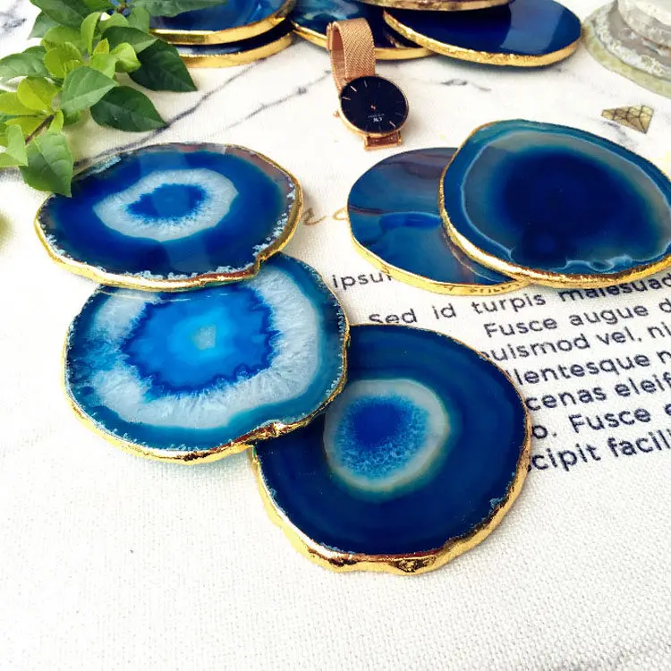 

80-100 mm Amazon Hot Selling 4" Natural Blue Agate Slice Holder Coaster with Gold Trim