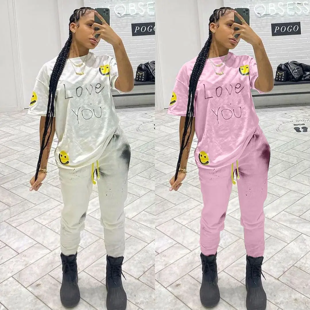

X02217S New Women's Wear 2021 Sexy Fashion Sportswear Cotton Two Piece Set, White/pink