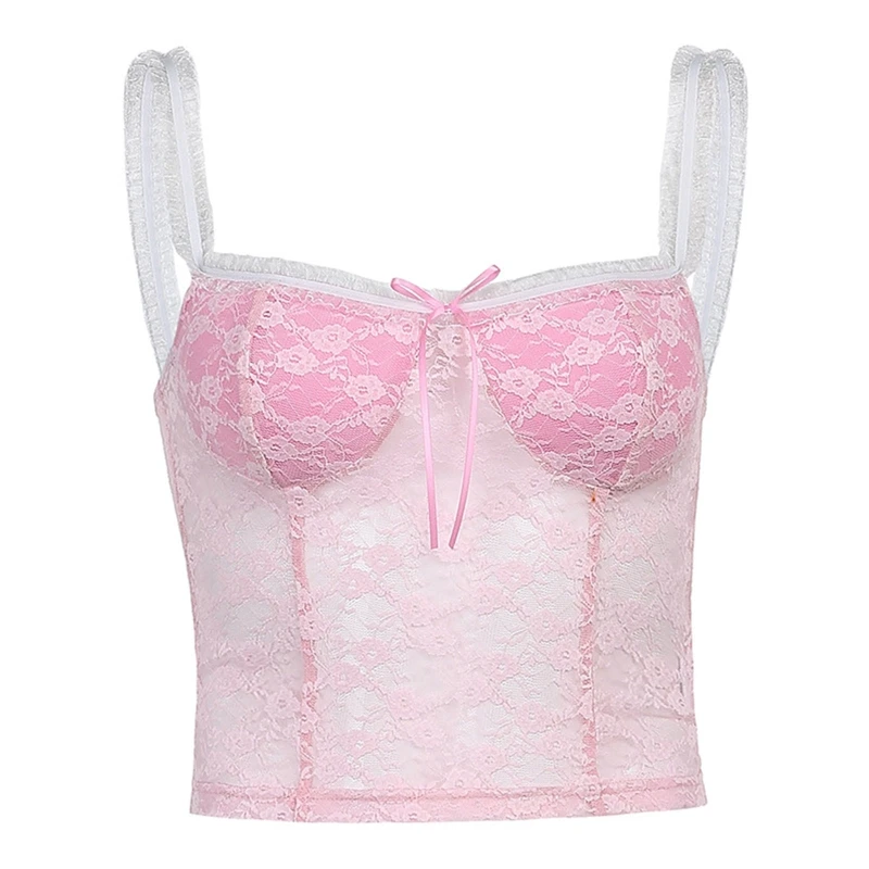 

Women's Sexy Mesh Lace Crop Top Sleeveless Slim Spaghetti Strap Backless Streetwear Crop Cami Top