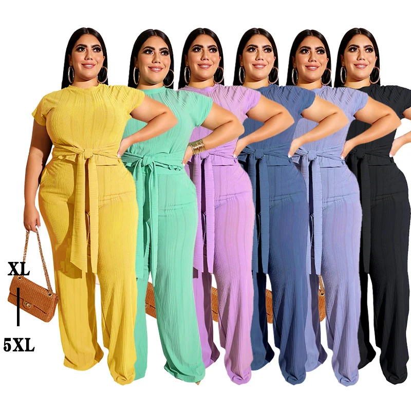 

Fashion 5XL plain bandage tops and straight pants plus size 2 piece sets women clothing