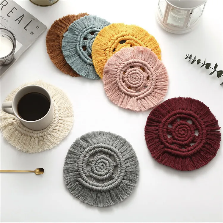 

Handmade Coaster Cotton Woven Cup Pad with Tassels Handmade Coffee Cup Mat Eco-Friendly boho coasters, 7 color