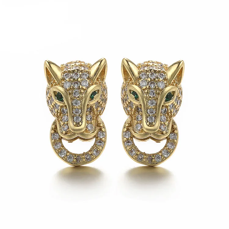 

EC1144 Trendy Cute Gold CZ Lleopard Head Stud Earrings,Dainty CZ Diamond Panther Head Charm Studs