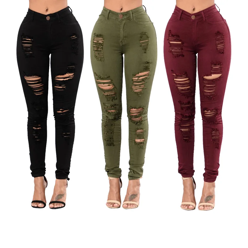 

New 2019 Skinny Jeans Women Denim Pants Holes Destroyed Knee Pencil Pants Casual Trousers Black Red Army Stretch Ripped Jeans, Black/army green/red