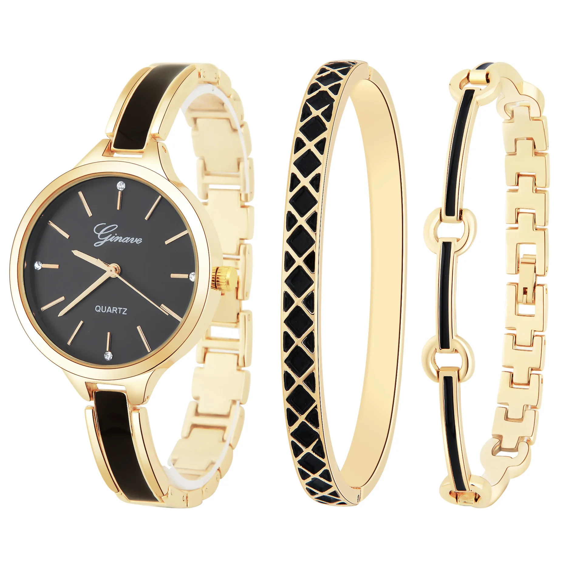 

TC 3pcs Black crystal dial women watch fashion design Women bracelets watch set