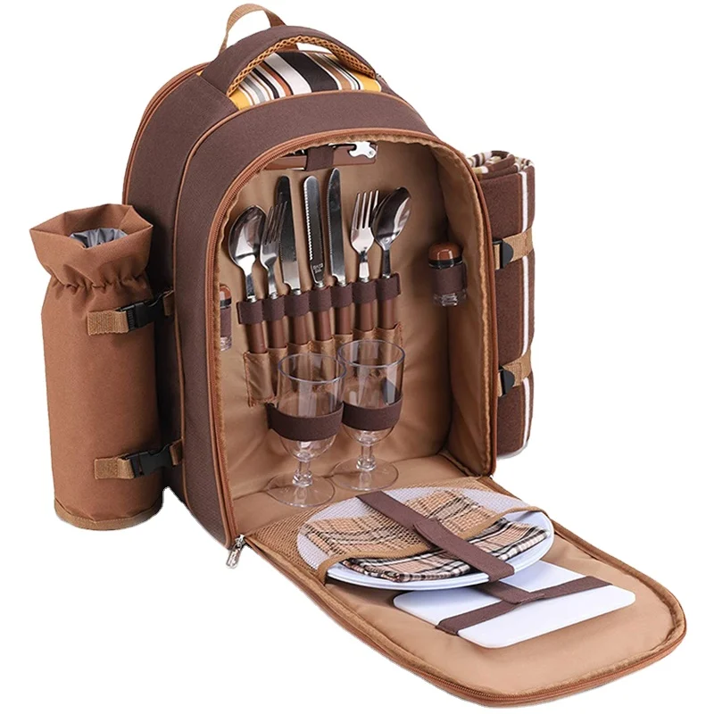 

Picnic Backpack Cooler for 4 Person with Insulated Leakproof Cooler Bag Wine Holder Fleece Blanket Cutlery Set