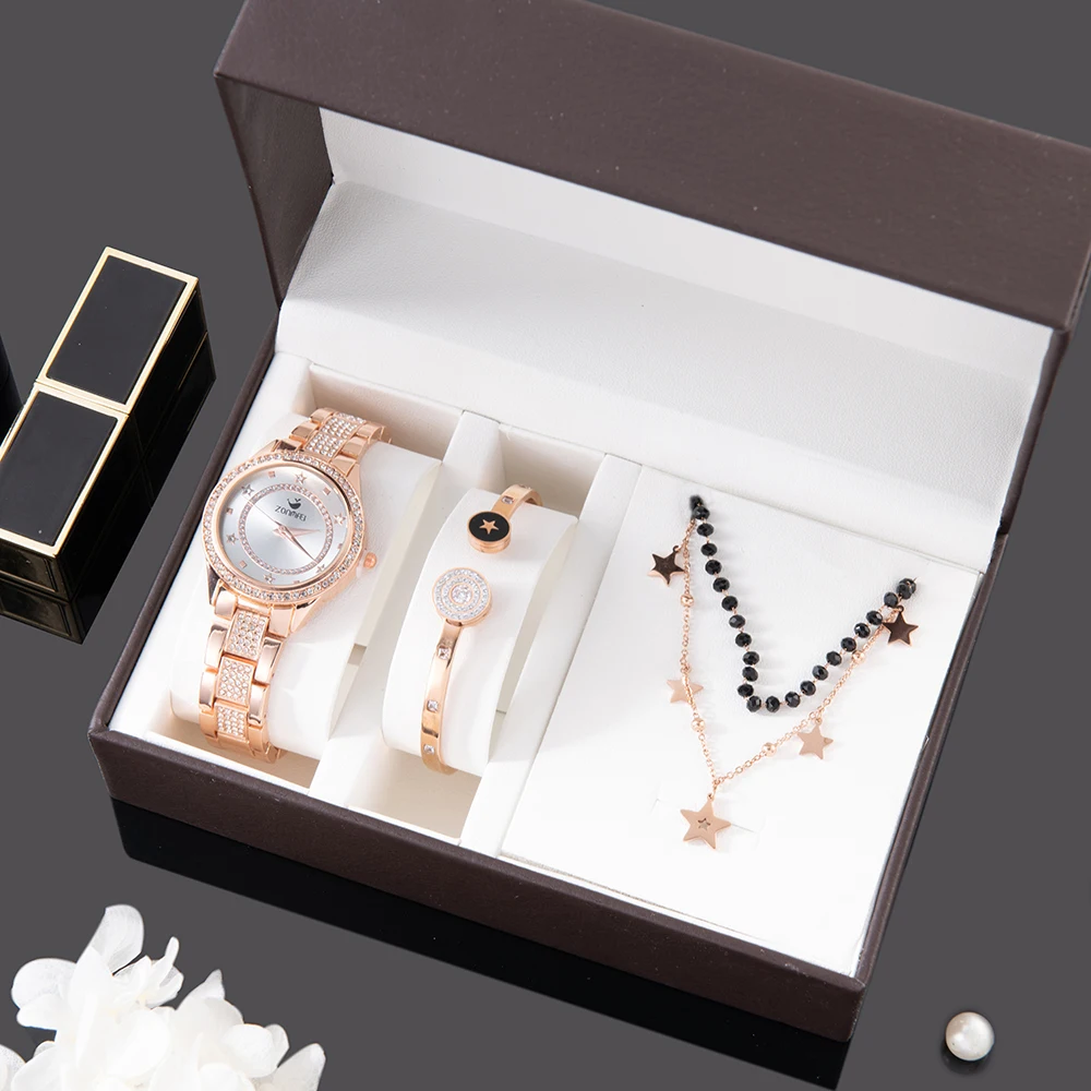 

Wholesale Latest Ladies Luxury Watches+Necklace+Bracelet+Earring Gift Suits Fashion Dress Jewelry Women Set, Rose gold & gold & silver& black