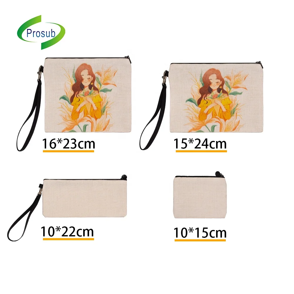 

Prosub Wholesale Blank Sublimation Cosmetic Bag Custom Printing Linen Sublimation Makeup Bags With Zipper Wristlet Make Up Bag