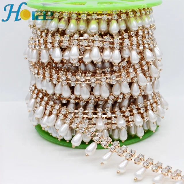 Fashion bling crystal rhinestone chain with white pearl rhinestone cup pearl chain for garment hba008