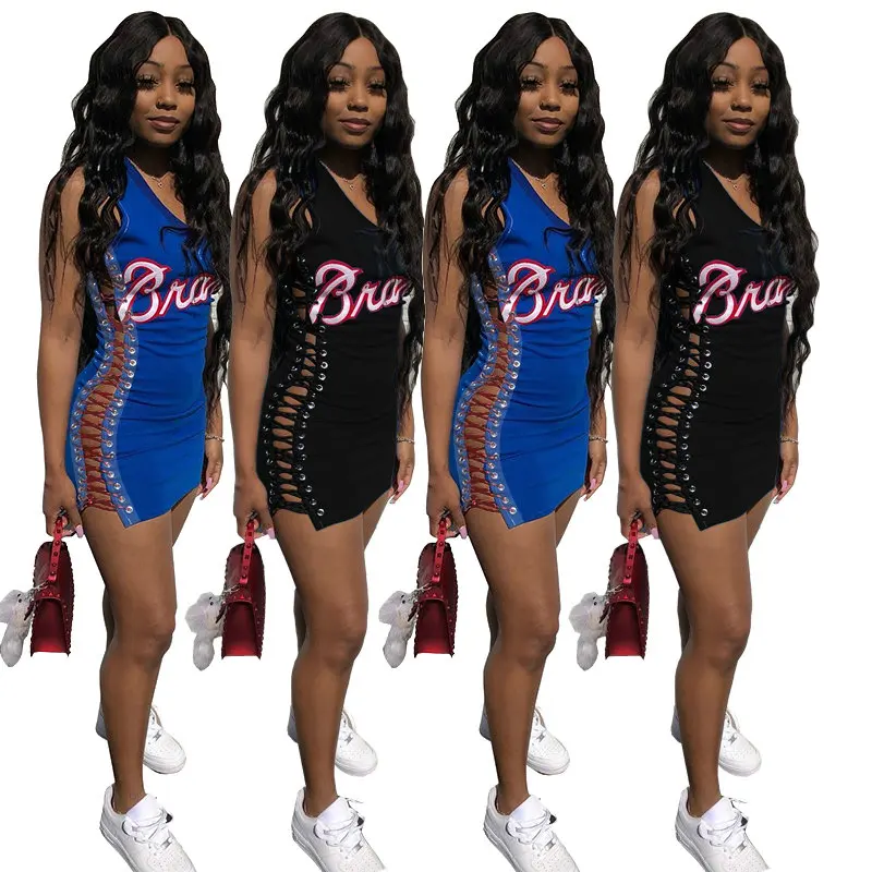 

Summer Fashion Letters Print Women's V neck Hollow Out Mini Dresses Ladies Sexy Night Club Dress boho dress girls' skirts, Blue,black